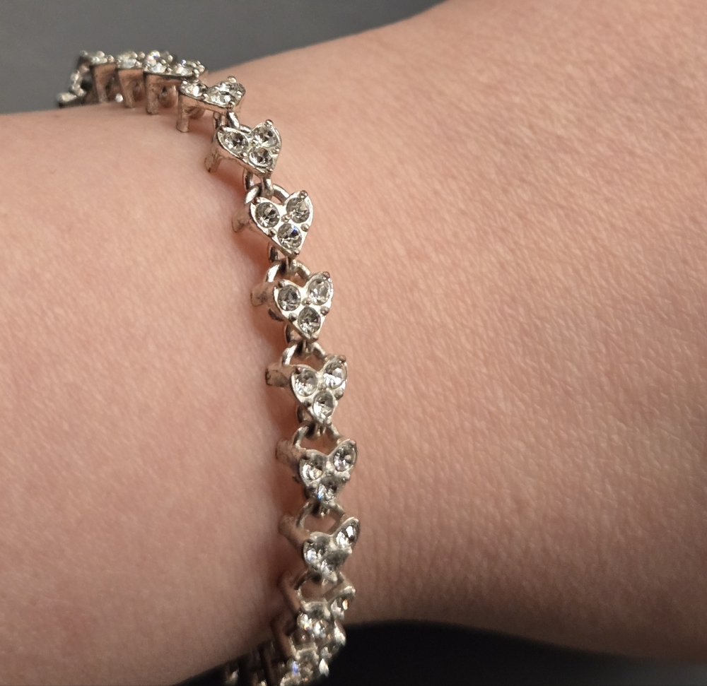 Rhinestone Heart Link Bracelet | Silver Tone Sparkle Tennis Bracelet